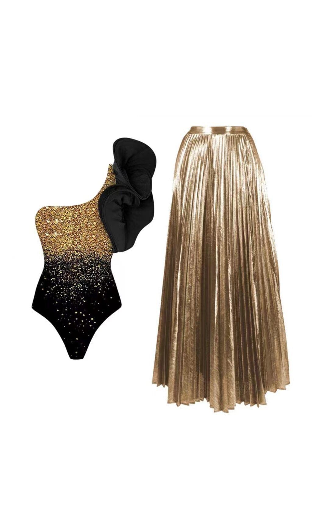 Einteiliger Badeanzug mit Rüschen, glänzendem Print und One-Shoulder-Träger und Rock