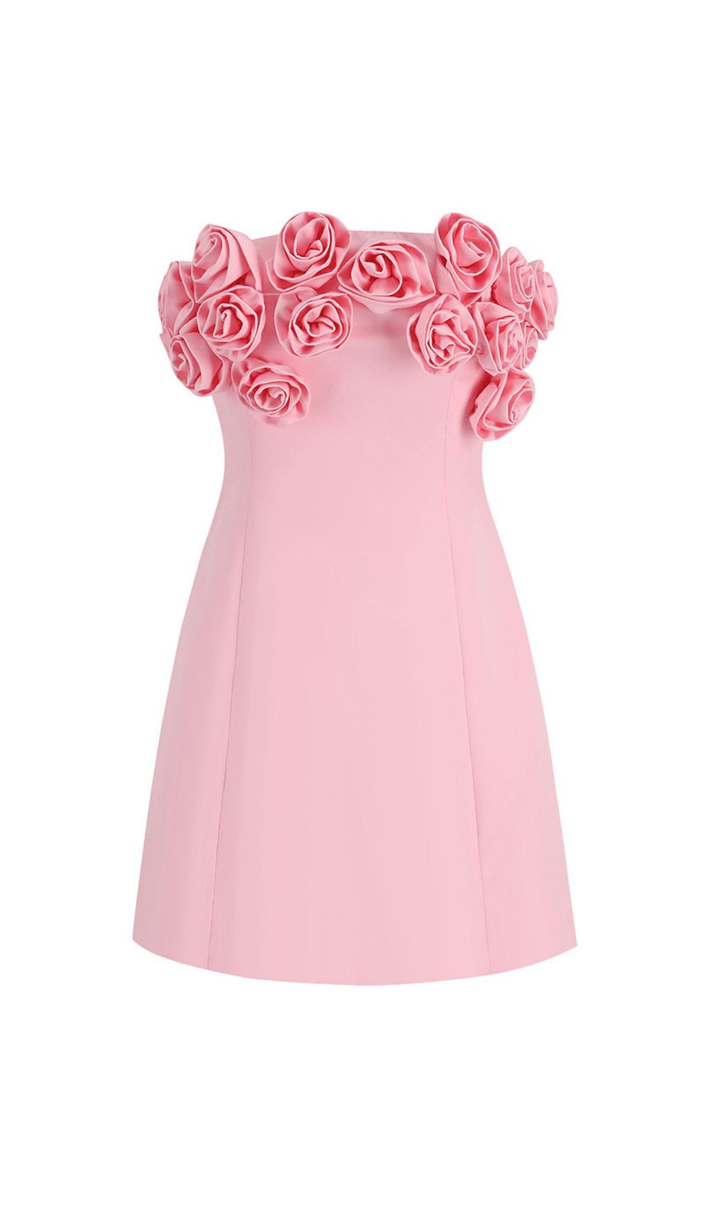 TRÄGERLOSES MINIKLEID MIT ROSA ROSENBLUMEN