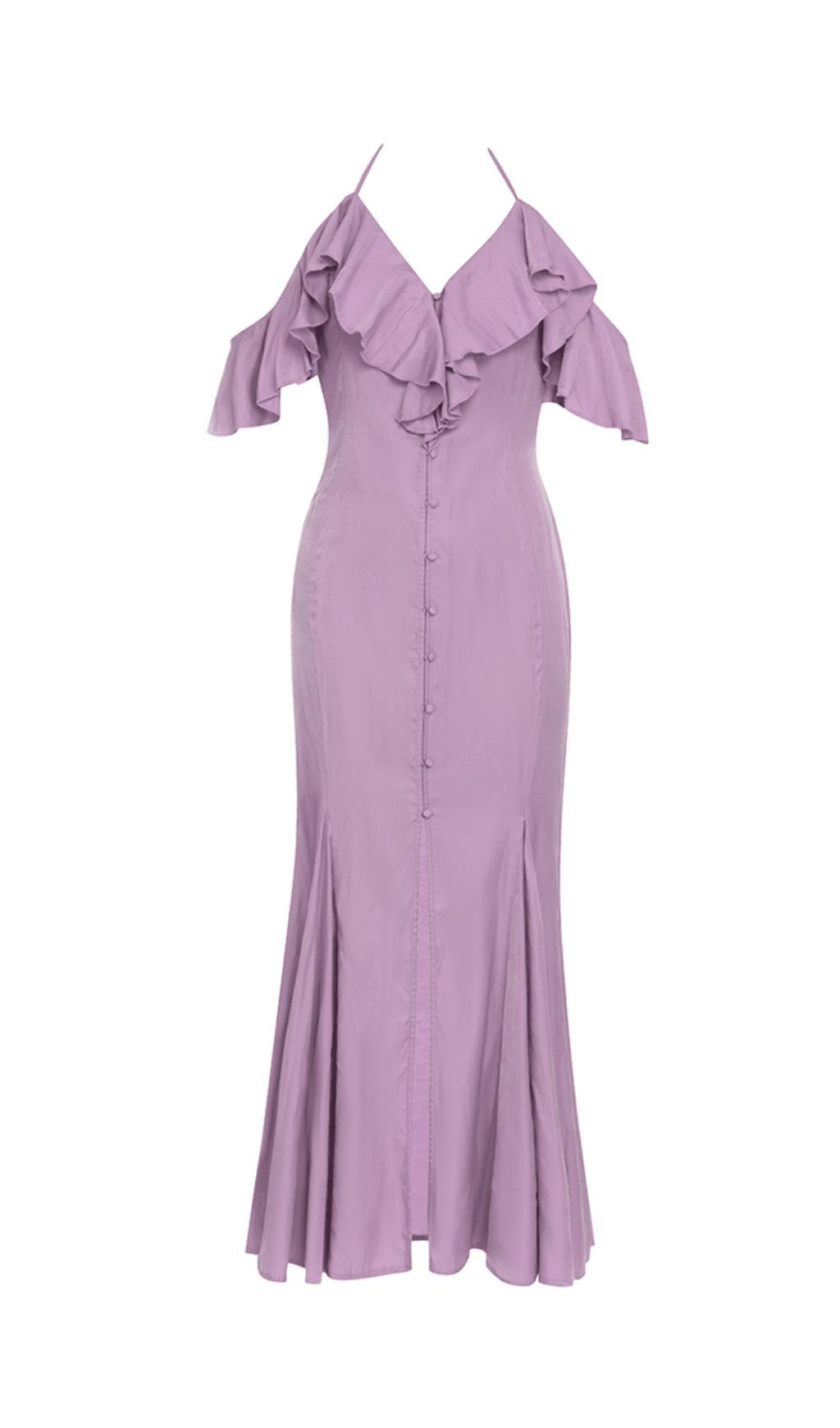 ABITO LUNGO CON VOLANT, SPACCHI E SPALLE SCOPERTE