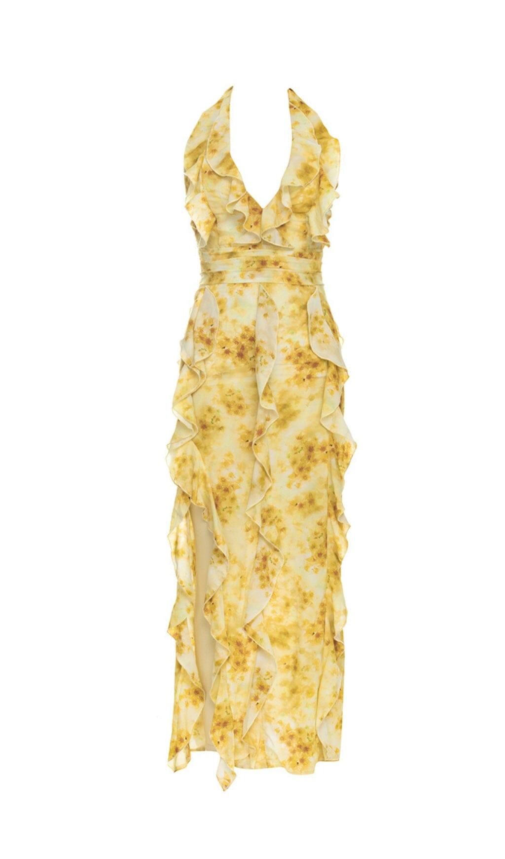 ABITO SEXY CON SCOLLO ALL'AMERICANO, STAMPATO, BORDO A PLISSETTE E SPACCHI