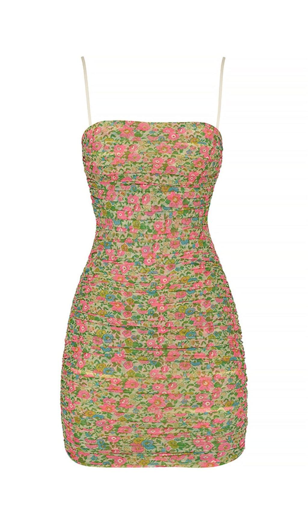 VINTAGE MINIKLEID AUS ORGANZA-NETZ MIT FLORALEM RÜSCHEN