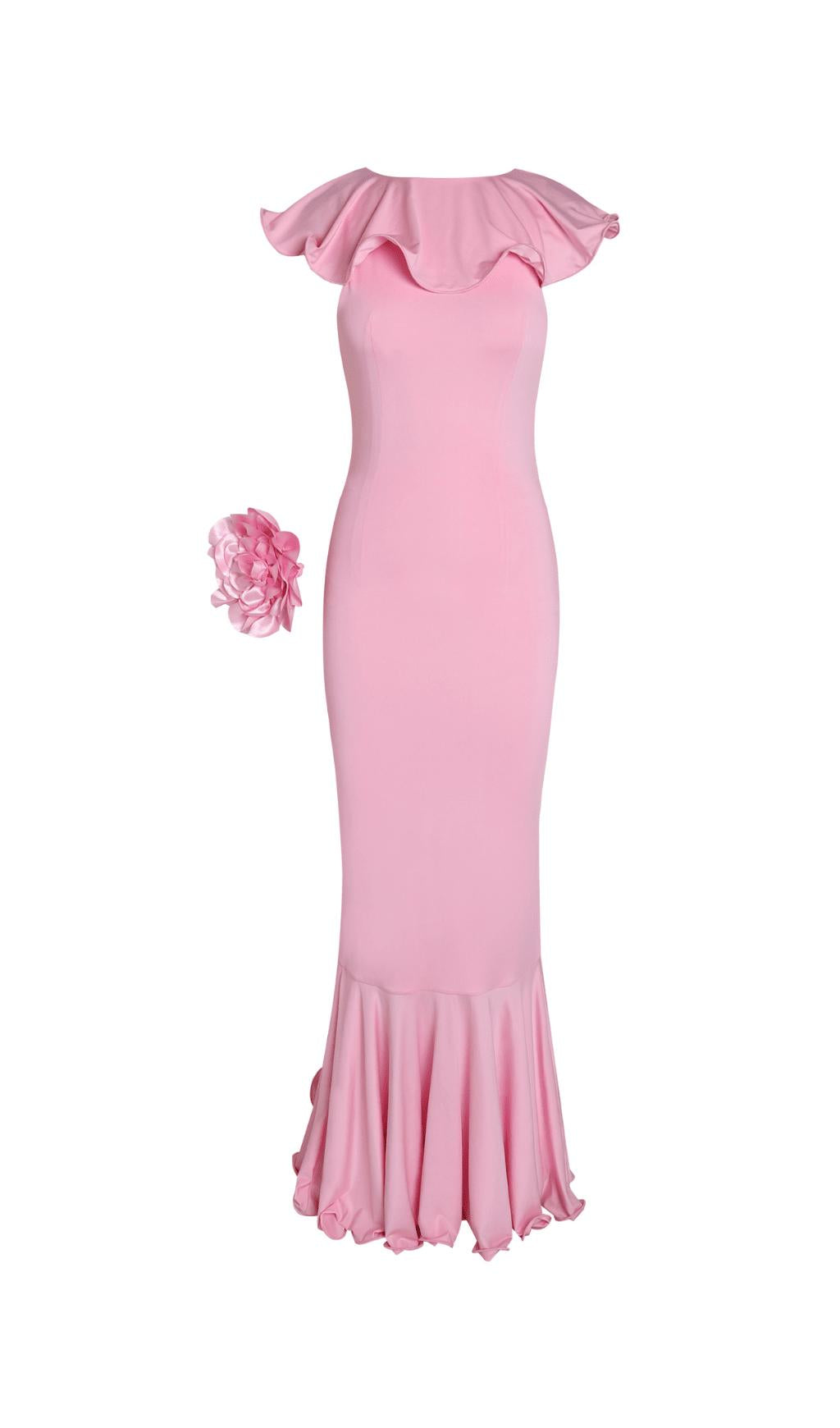 ABITO LUNGO CON DECORAZIONI FLOREALI E VOLANT CON SCOLLO A V PROFONDO