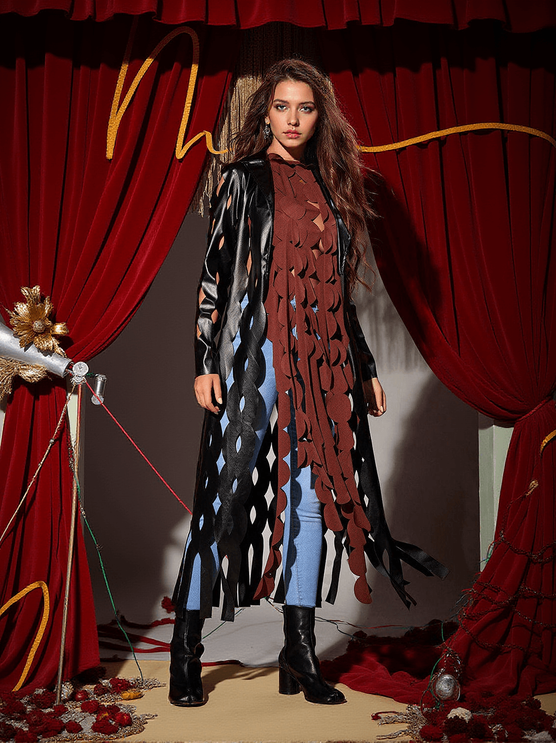 NYX CIRCLE HOLLOW LEATHER COAT IN BLACK