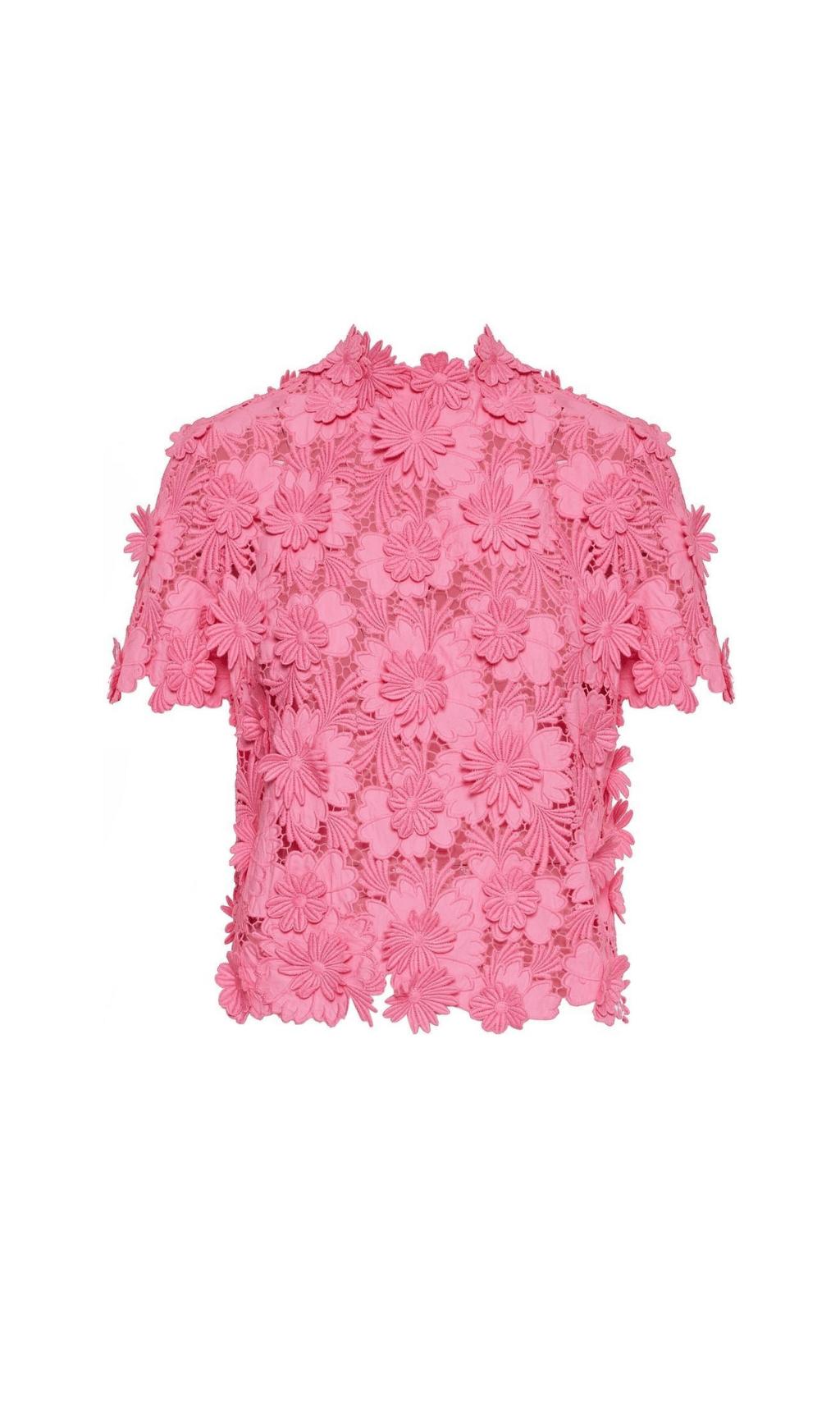 Completo blusa a maniche corte in pizzo floreale rosa