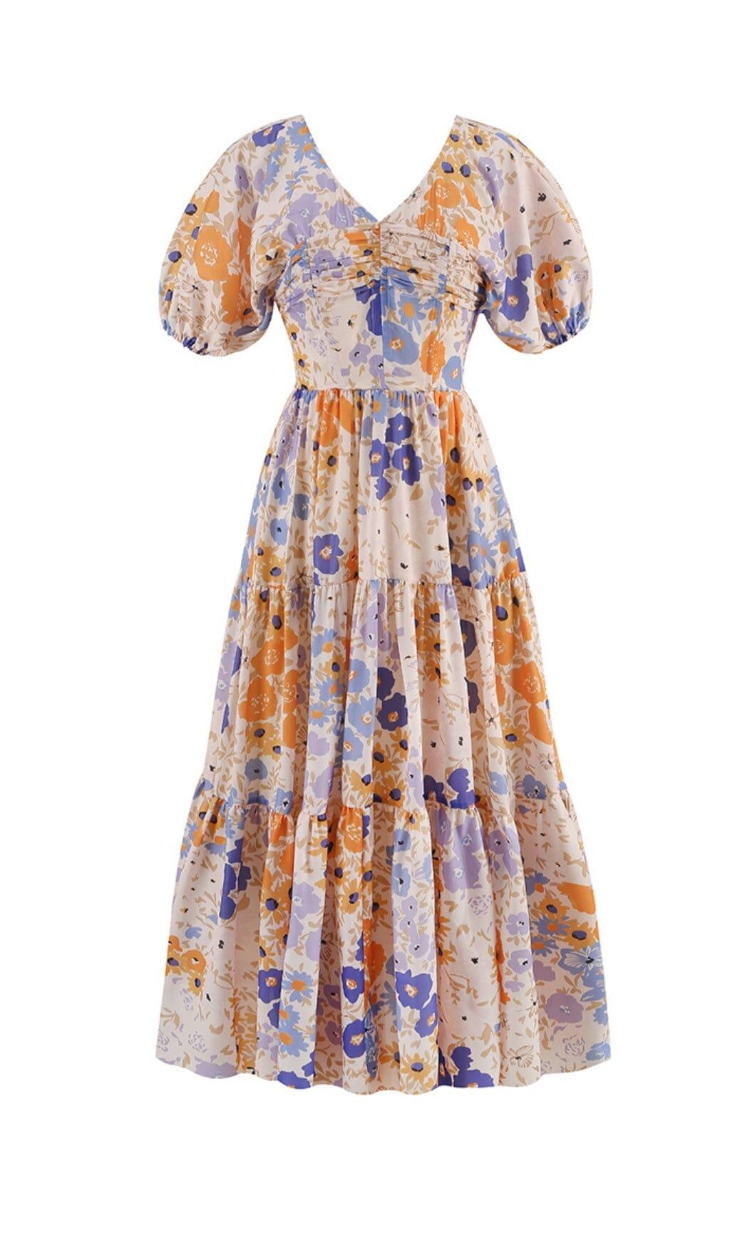 ABITO LUNGO CON SCOLLO A V E MANICHE A SBUFFO FLOREALI