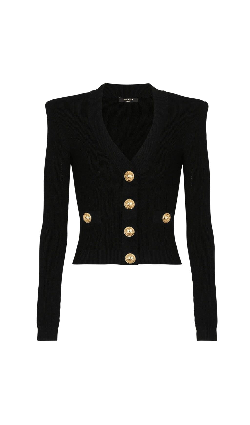 SCHWARZE KURZE STRICK-CARDIGAN MIT V-AUSSCHNITT UND METALLKNÖPFEN