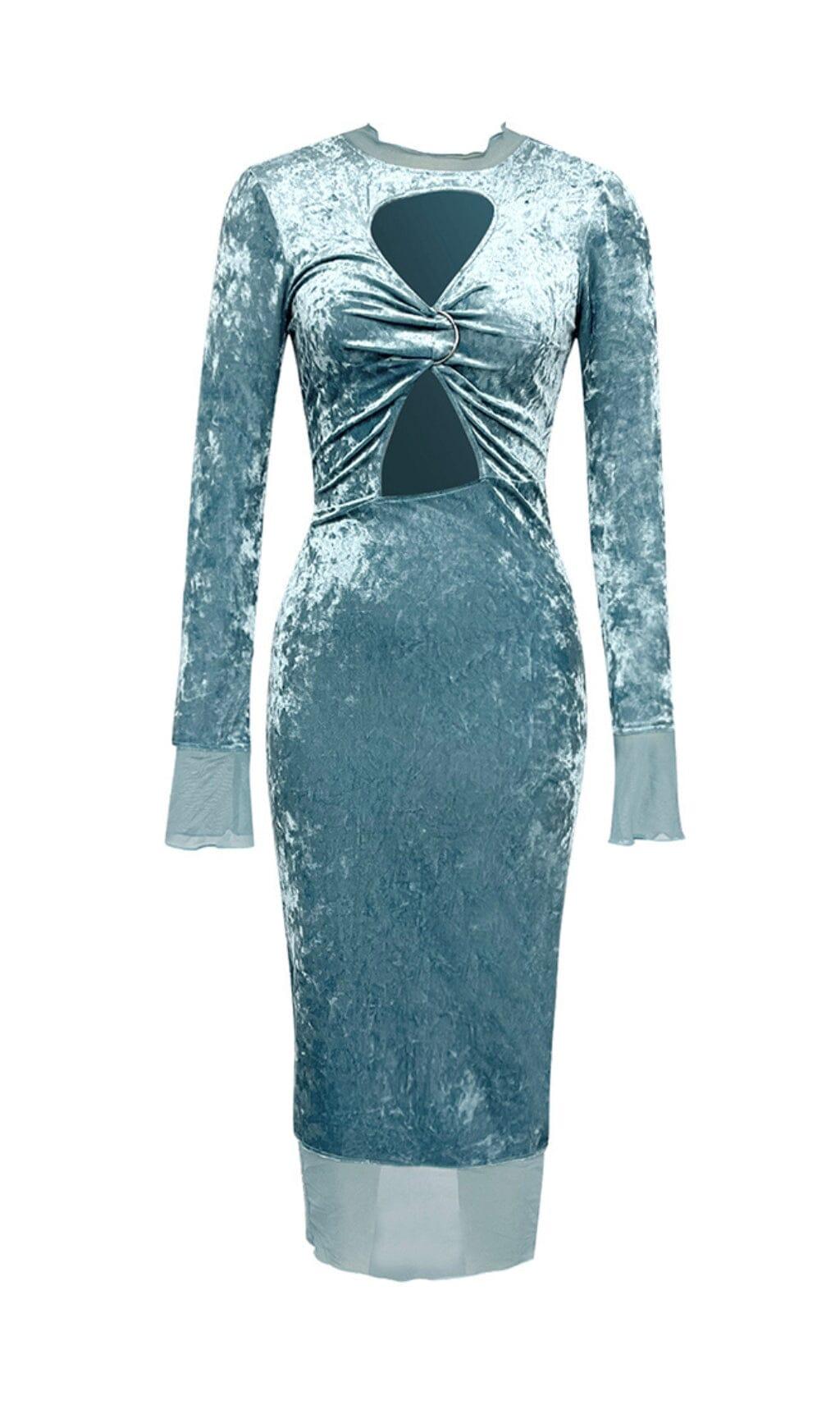 BLAUES LANGÄRMELIGES, ENGES HÜFTKLEID AUS HOHLSAMT