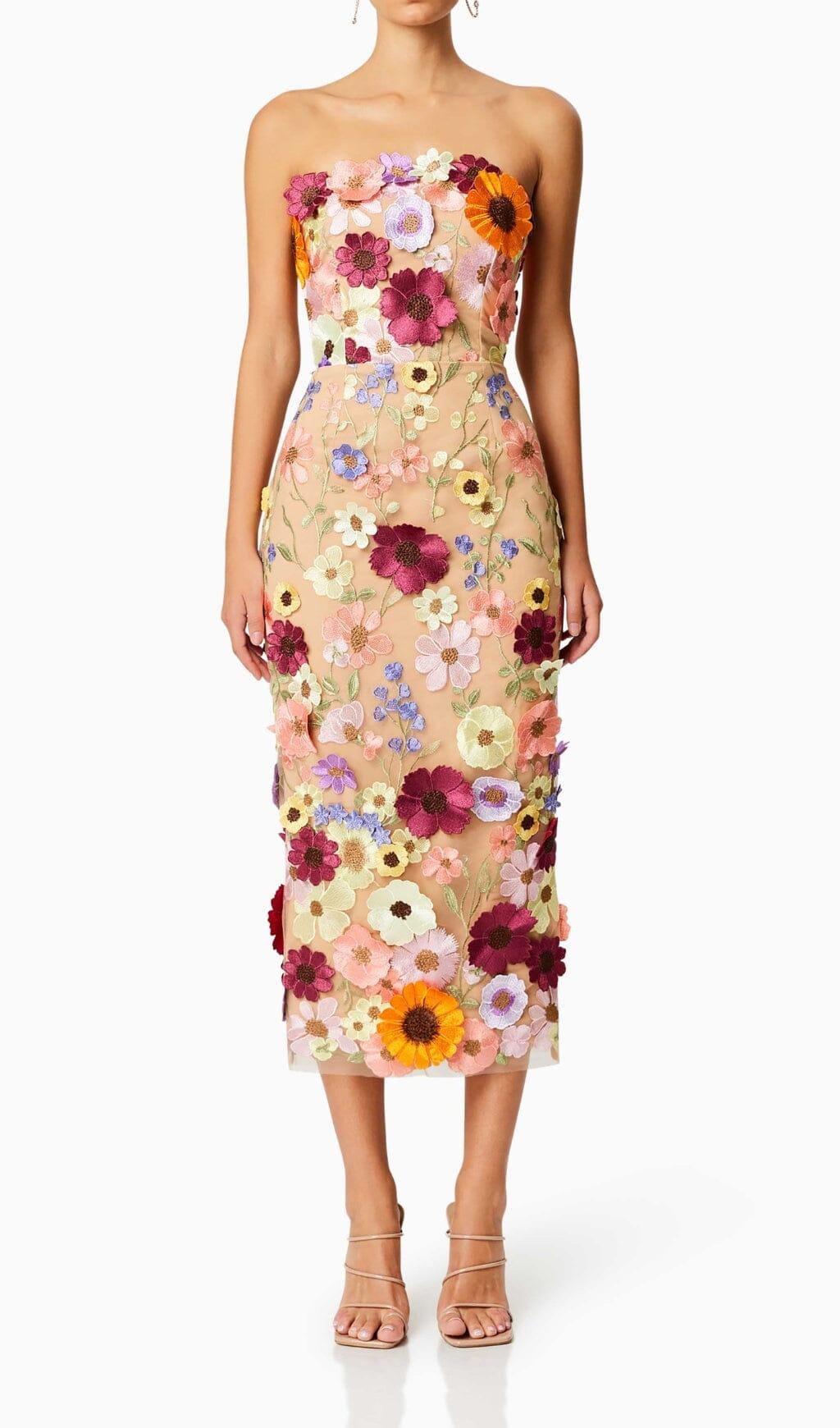 TRÄGERLOSES MIDIKLEID MIT 3D-BLUMEN