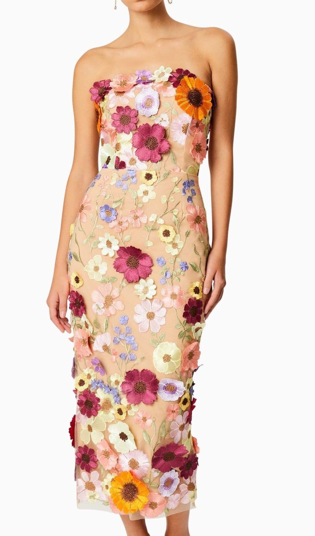 TRÄGERLOSES MIDIKLEID MIT 3D-BLUMEN
