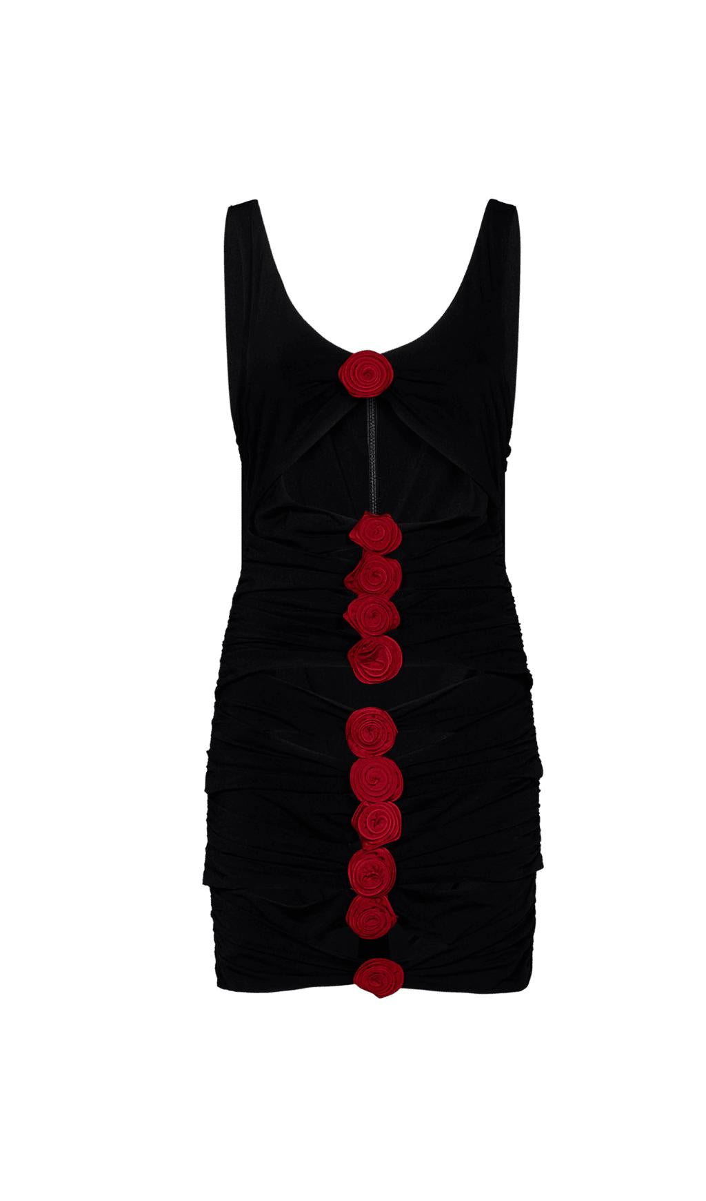 MINIKLEID AUS SCHWARZEM STRETCH-VISKOSEJERSEY MIT 3D-ROSENBLUMEN