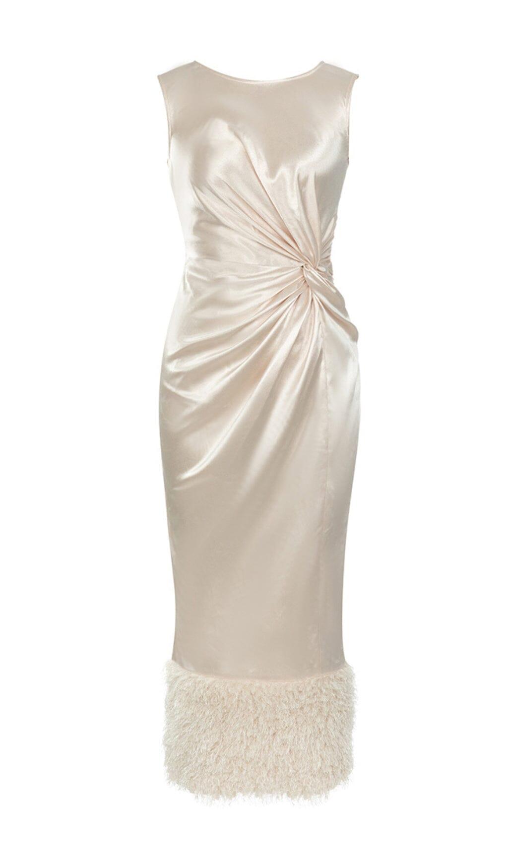 ABITO SENZA MANICHE CON PLISSETTE DI PIUME E FIANCHI COLOR ALBICOCCA