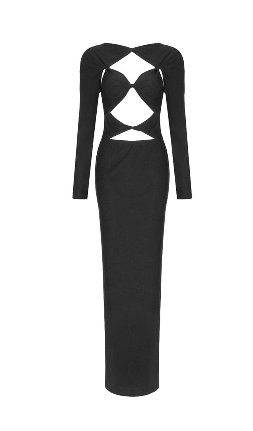 ABITO LUNGO NERO CON DECORAZIONI E TAGLIO