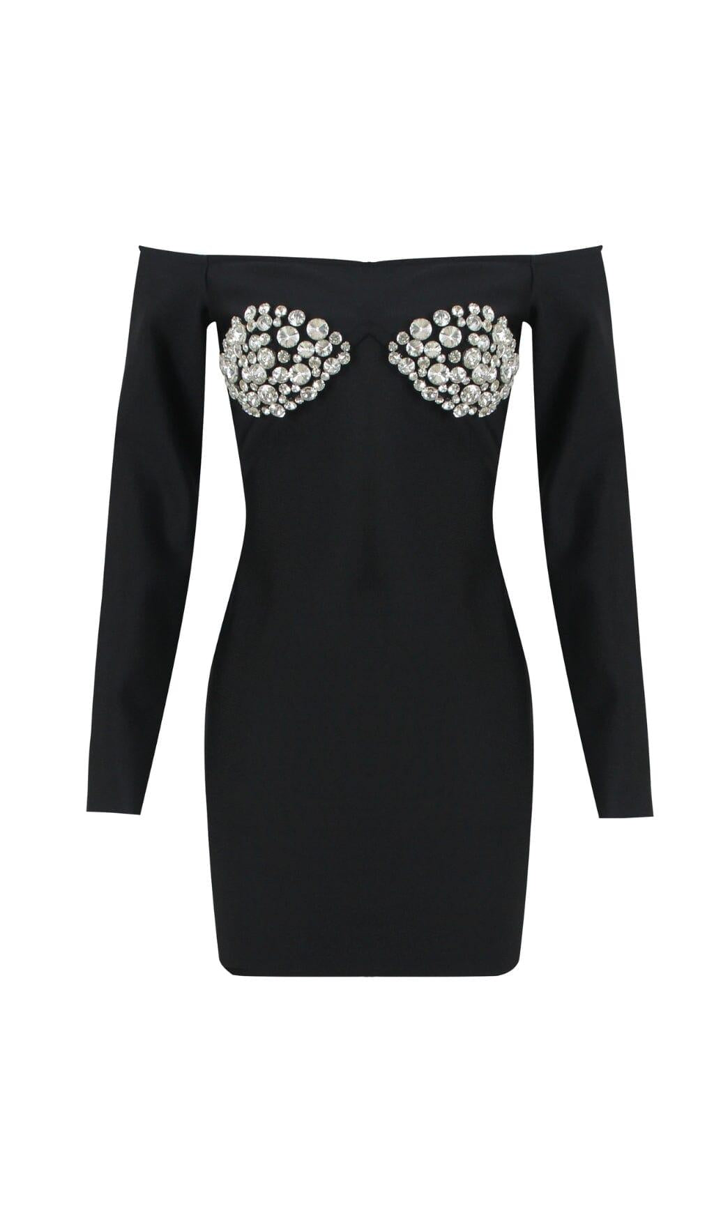 SCHWARZES OFF-SHOULDER MINIKLEID MIT KRISTALL-CUP