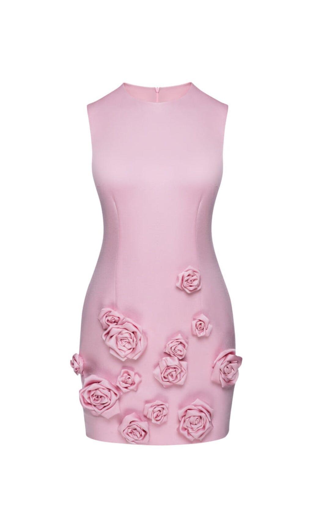 MINIKLEID AUS CADY MIT RUNDHALSAUSSCHNITT UND ROSENAPPLIKATION