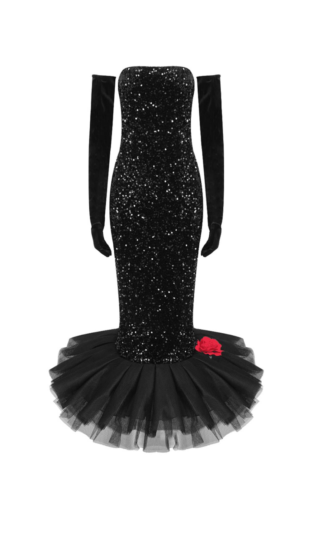 BARBIE-KLEID MIT PAILLETTEN UND GROSSEM SAUM