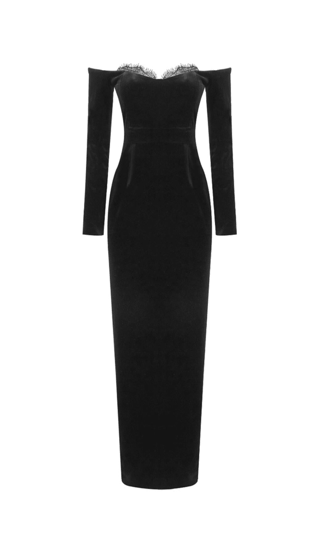 SCHWARZES LANGÄRMELIGES MAXIKLEID AUS SPITZENSAMT