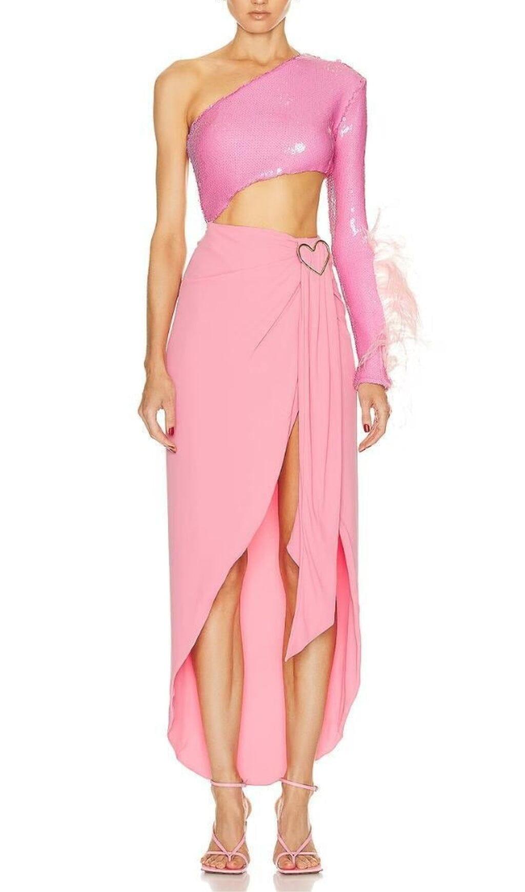 PINK SEQUIN CUT OUT MIDI DRESS – AIIZIE