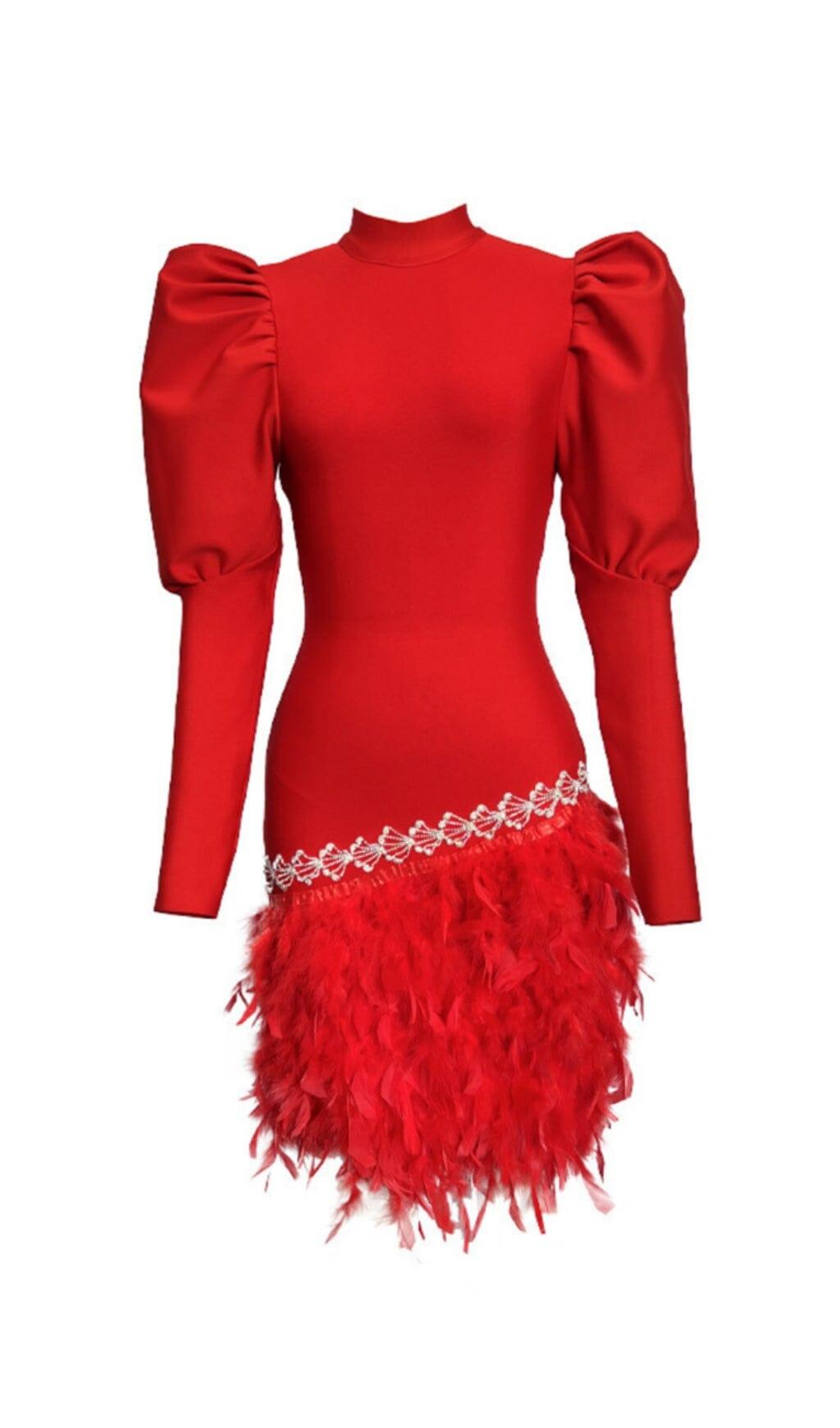ABITO CON BENDAGGI IN PIUME DI CRISTALLO E MANICHE A SBUFFO