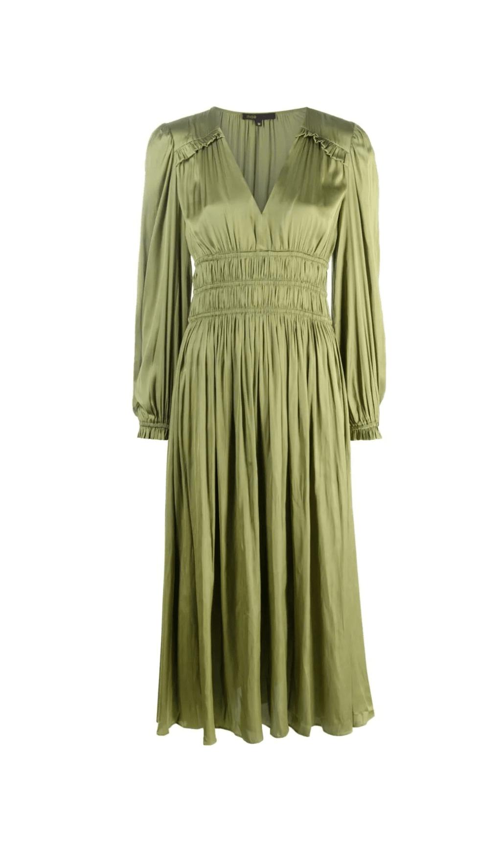 GREEN PUFF SLEEVE SATIN MIDI DRESS