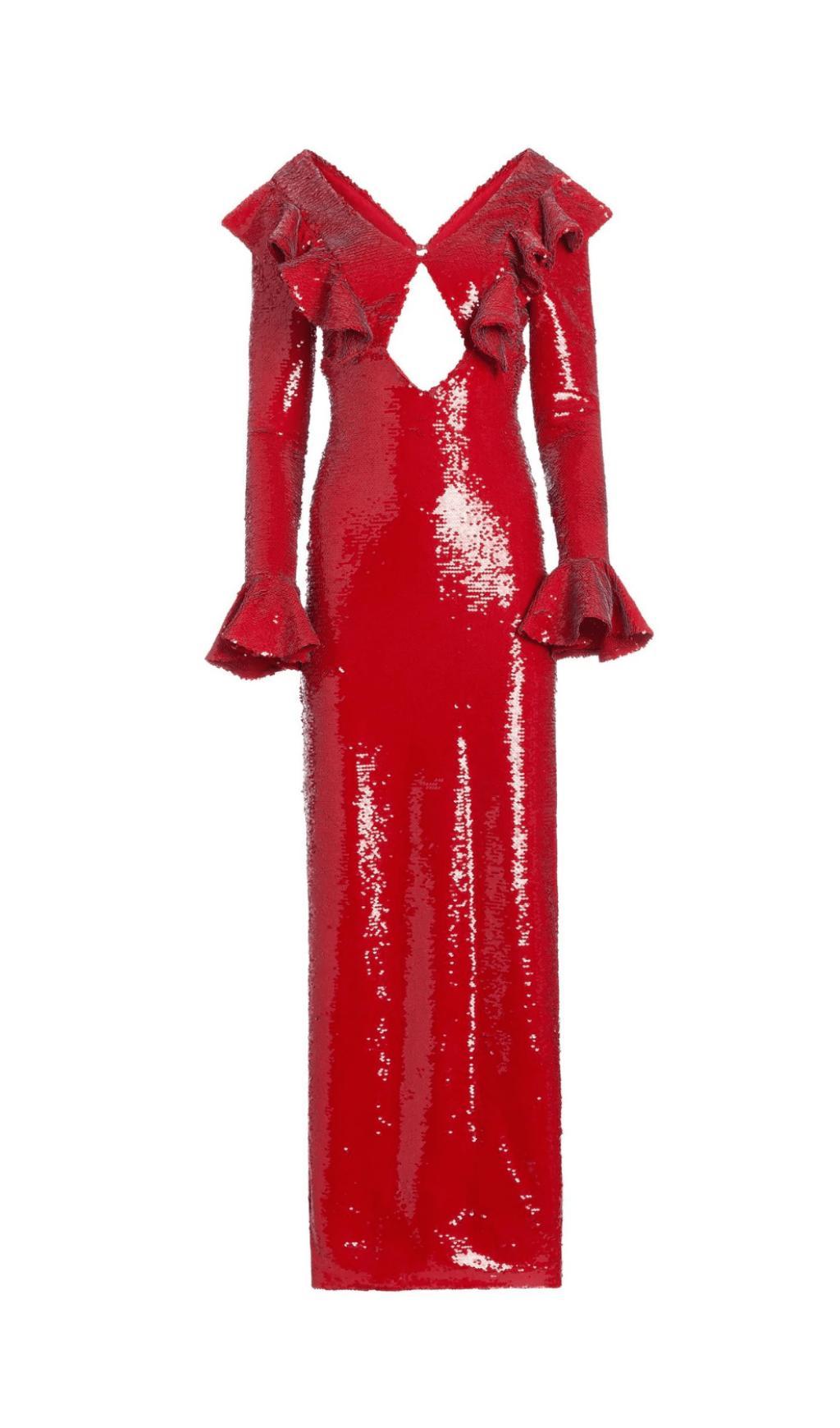 ROTES RÜCKENFREIES MAXIKLEID MIT PAILLETTEN