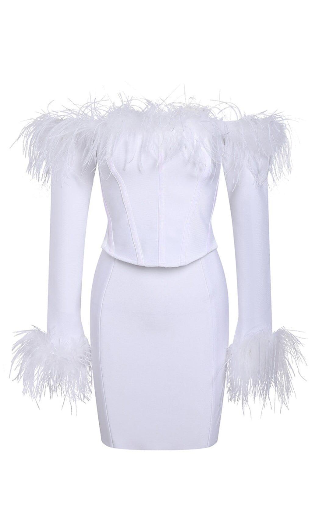 MINI ABITO CORSETTO CON PIUME BIANCO