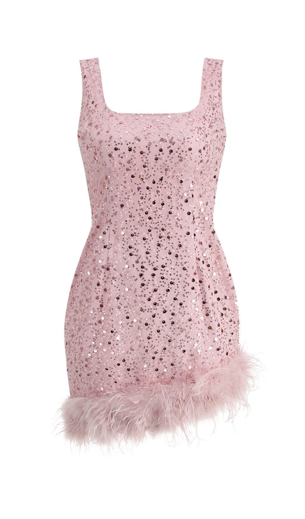ABITO CON PAILLETTES E PIUME ROSA