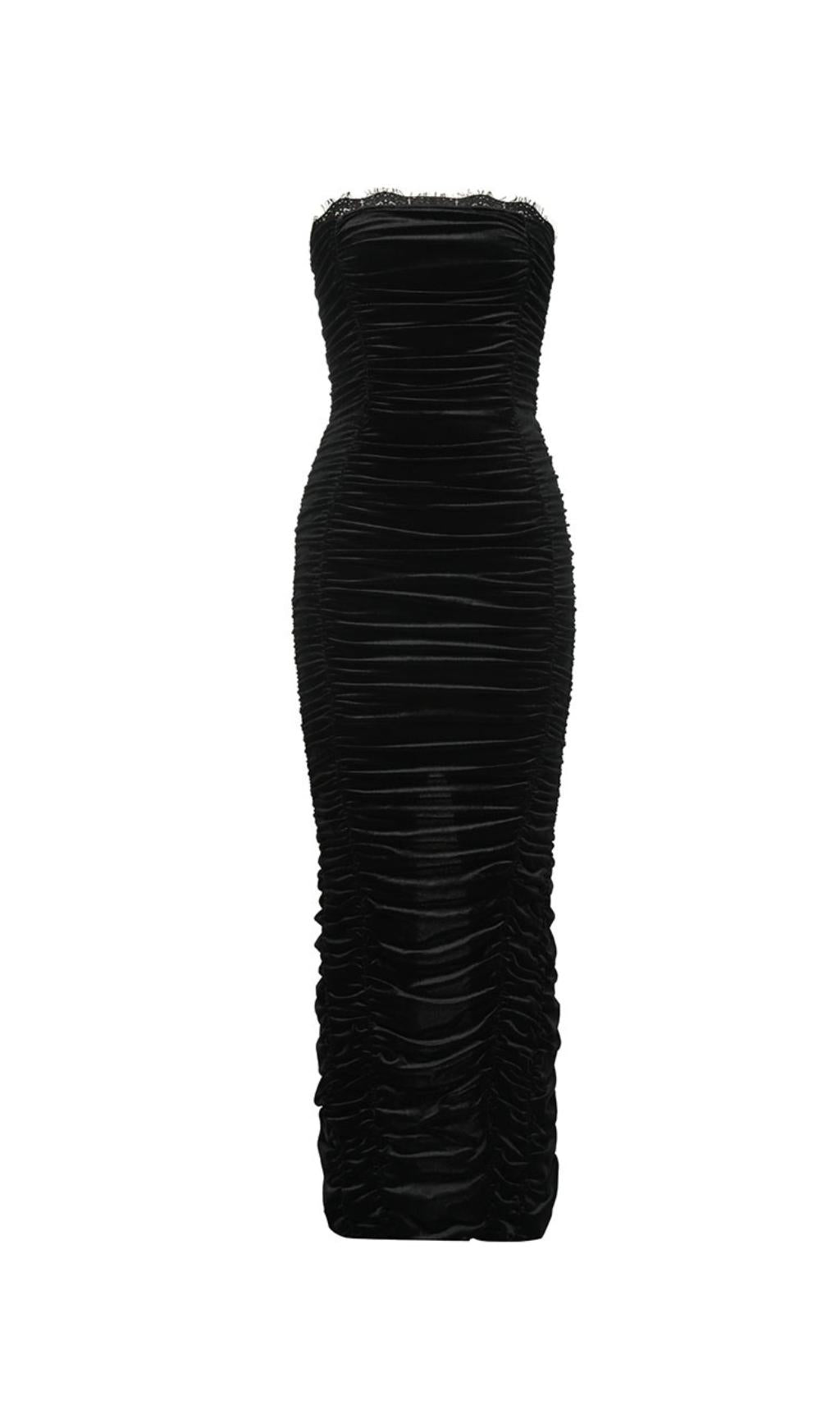 ABITO LUNGO IN VELLUTO CON ARRECCHIATURA IN PIZZO SENZA SPALLINE