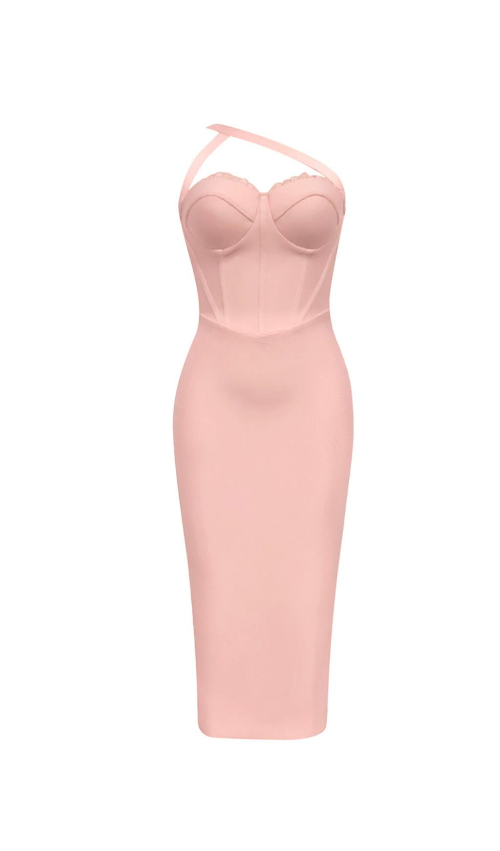 ONE-SHOULDER-MIDIKLEID AUS SPITZE MIT BUSTIER IN ROSA