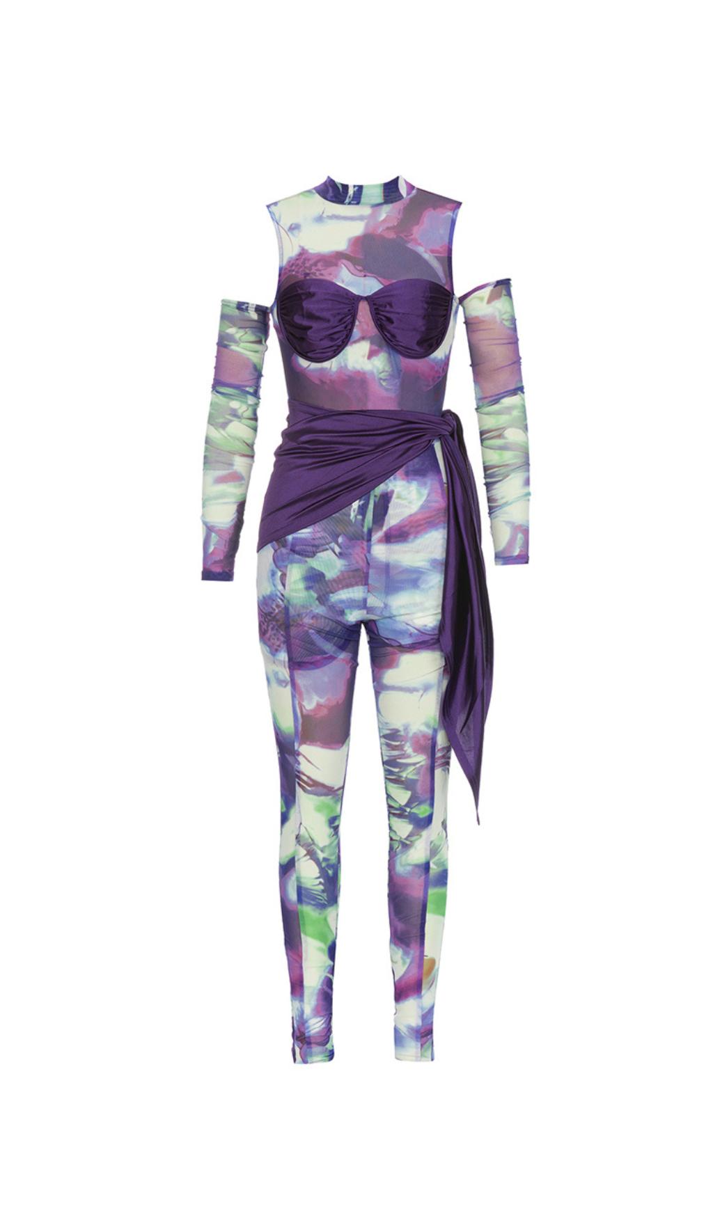 Enger Jumpsuit mit Print-Einsätzen und Trägern