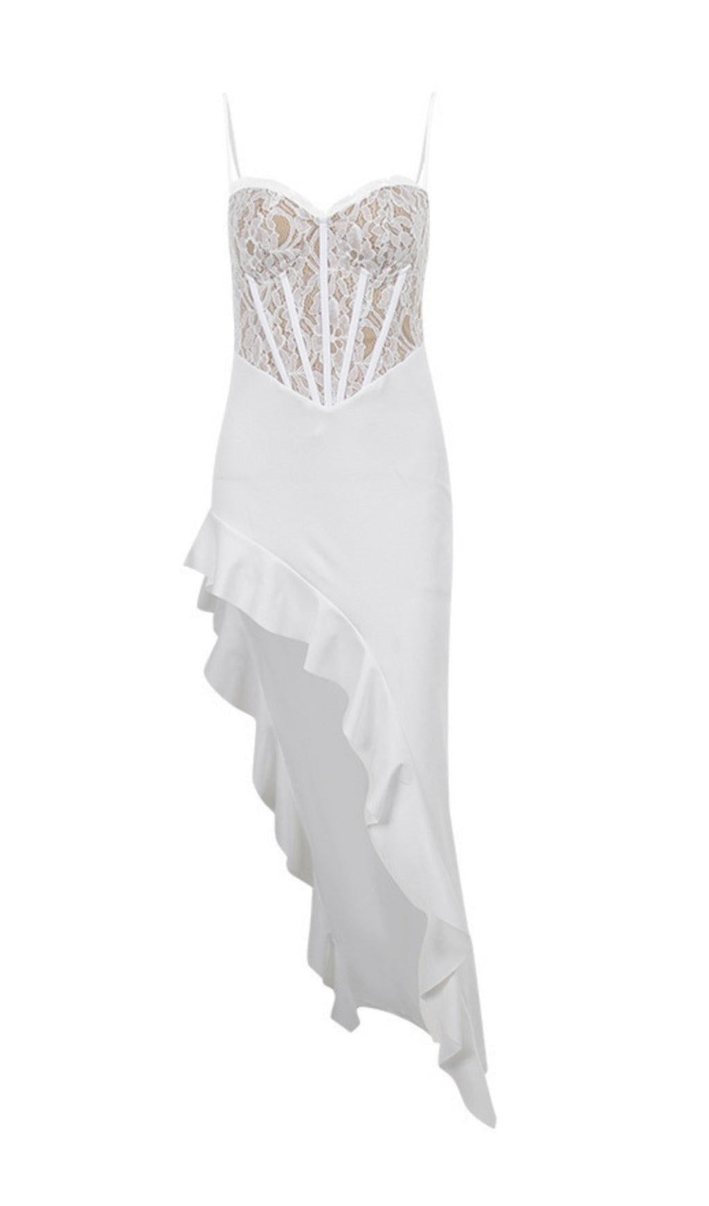 ABITO MIDI IN PIZZO ASIMMETRICO CON VOLANT