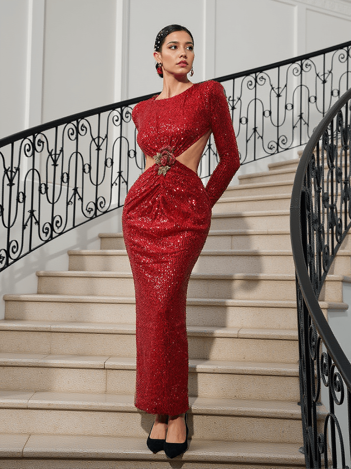 Aviva – Langärmliges Maxikleid mit Cut-Outs und Pailletten in Rot