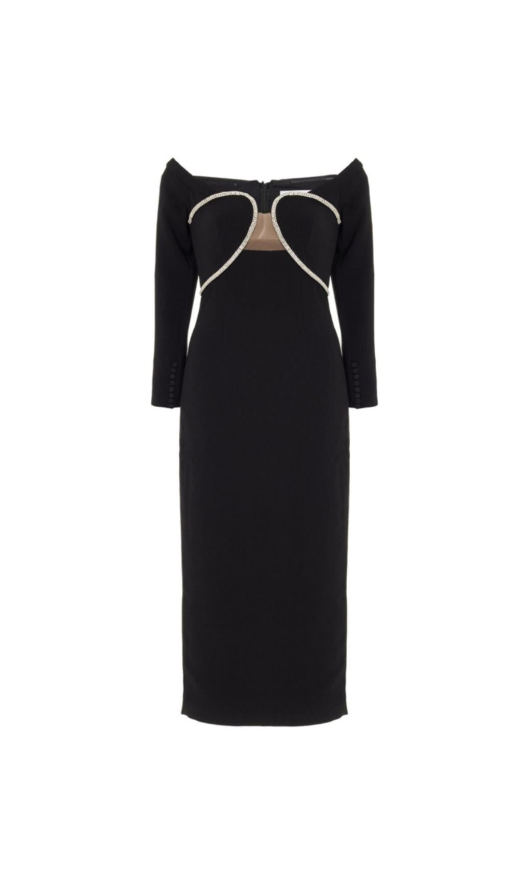 ABITO MIDI IN CREPE CON SPALLE SCOPERTE E BORDI IN TULLE E CRISTALLI