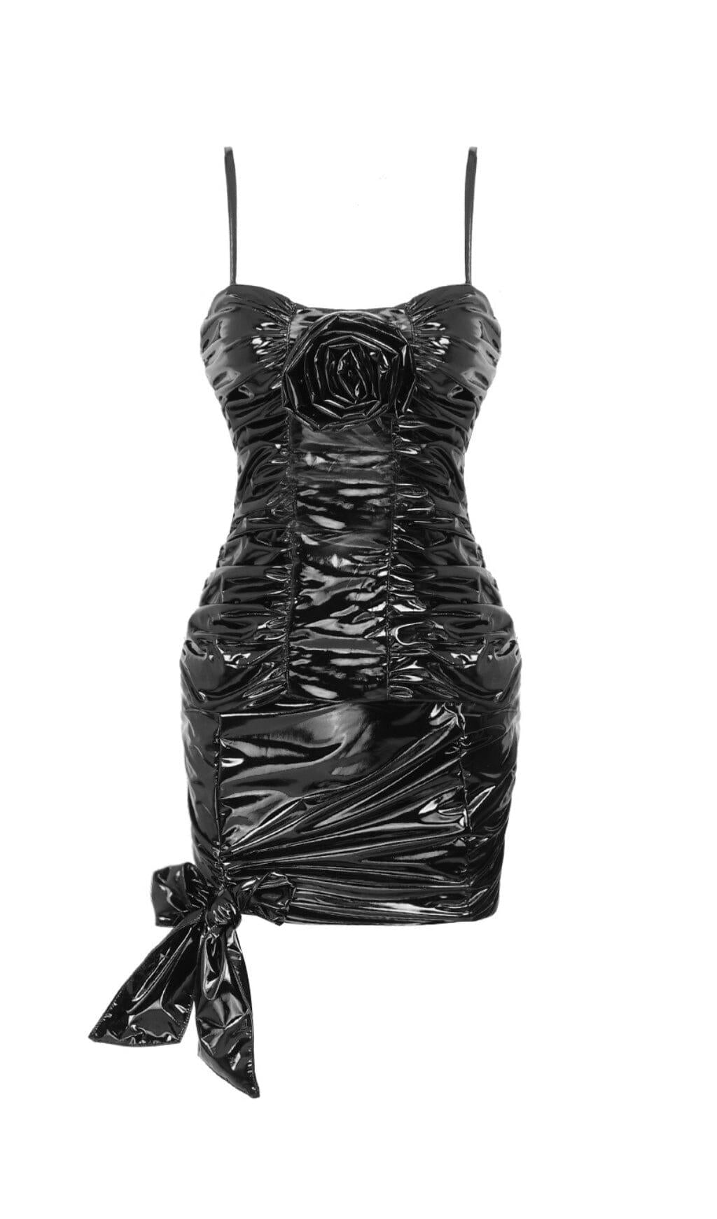 Gerafftes, hochglänzendes Minikleid in Schwarz