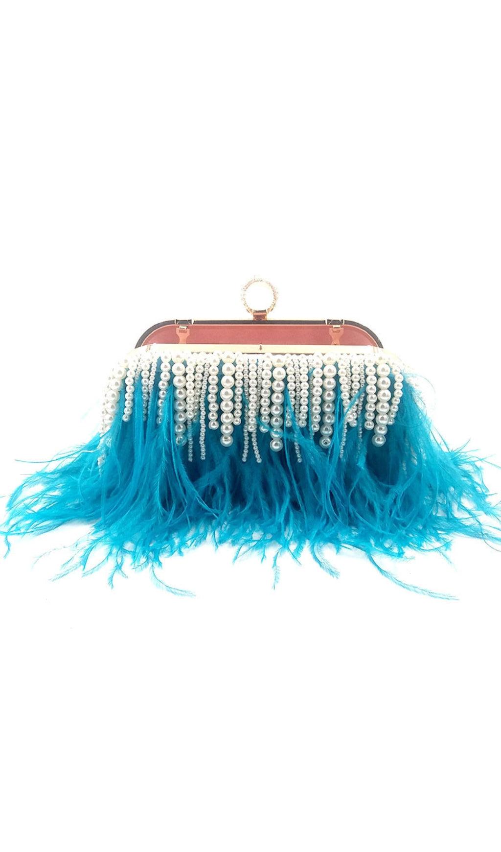 POCHETTE CON CATENA DI PERLE E PIUME