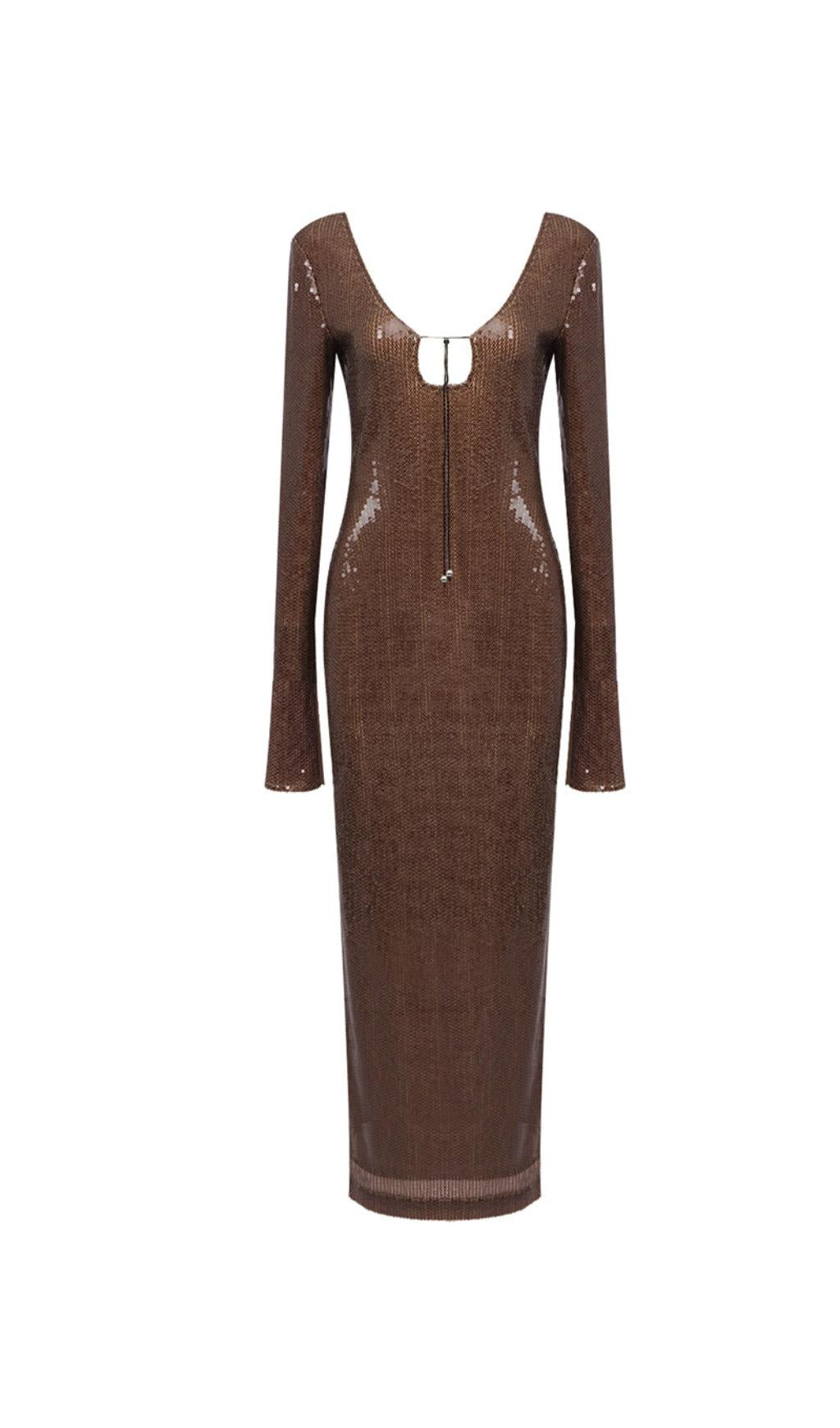 BROWN CUT OUT SEQUIN MAXI DRESS – AIIZIE