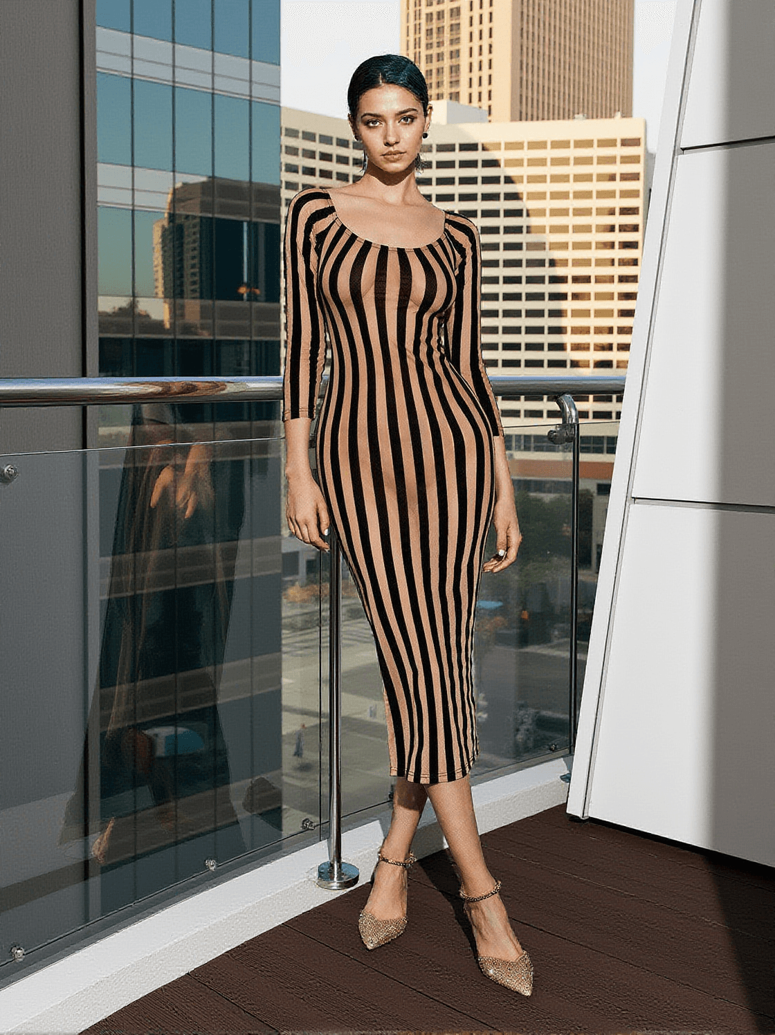 RHYA OFF SHOULDER STRIPE MESH DRESS