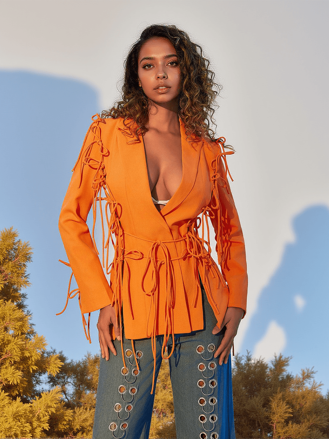 GARBO LACE UP BOW BLAZER IN ORANGE