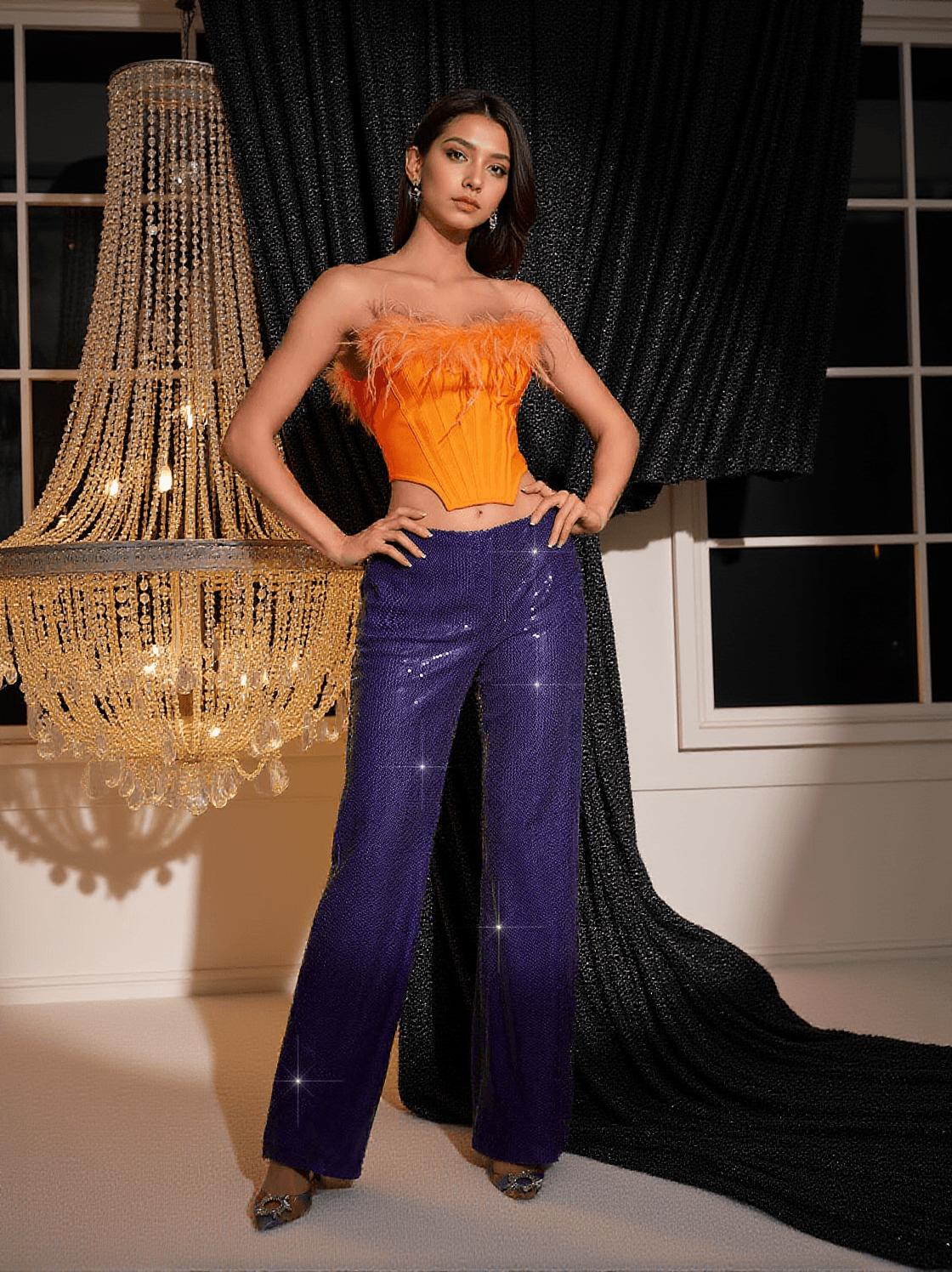 LIKAN CROP TOP SEQUIN PANTS SET