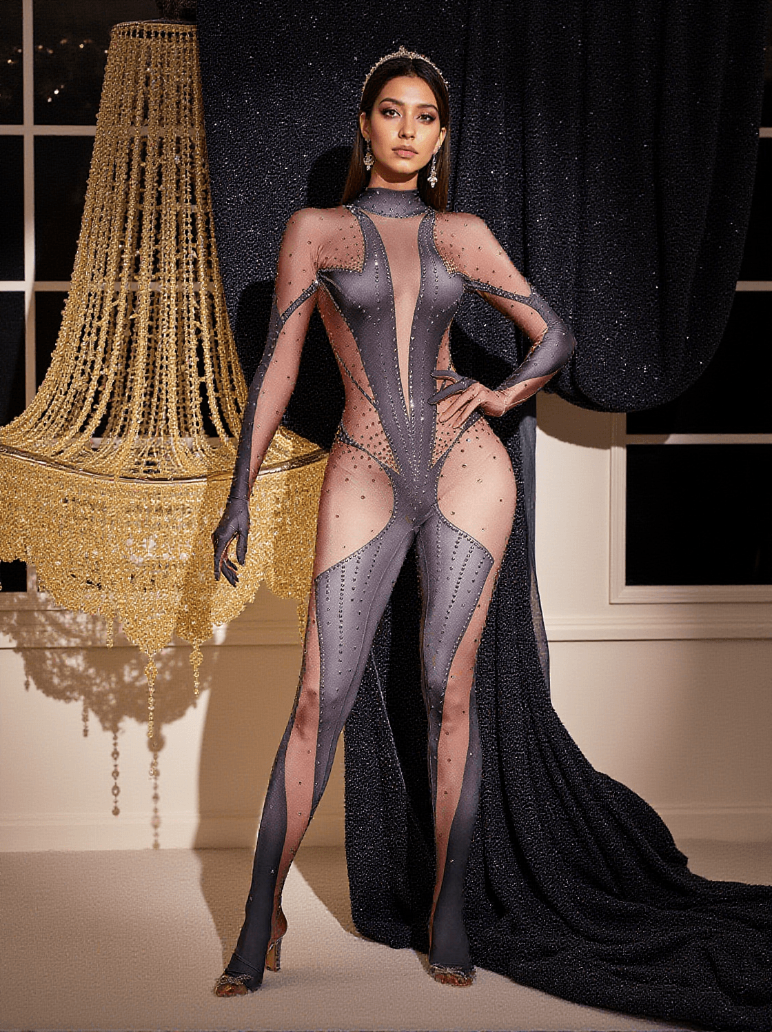 Pera Body – Grauer Jumpsuit mit Strass-Handschuhen und Print