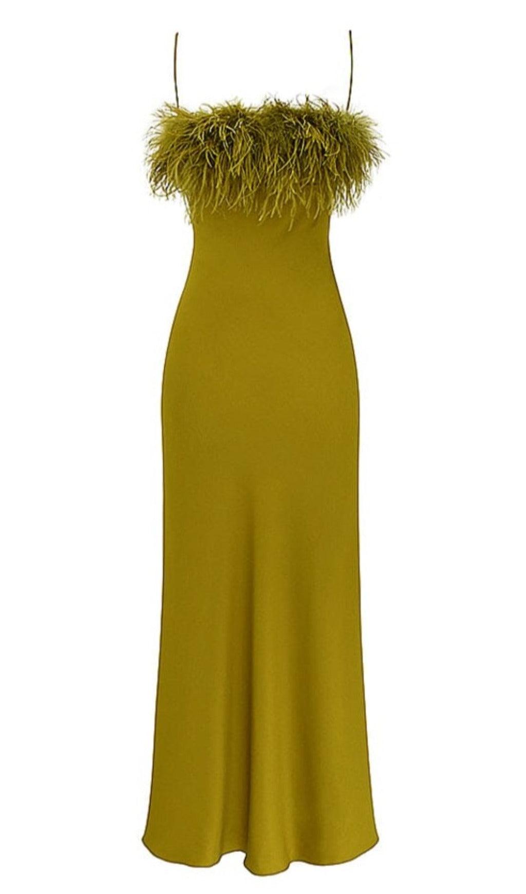 CHARTREUSE MAXIKLEID MIT RIEMEN UND FEDERN