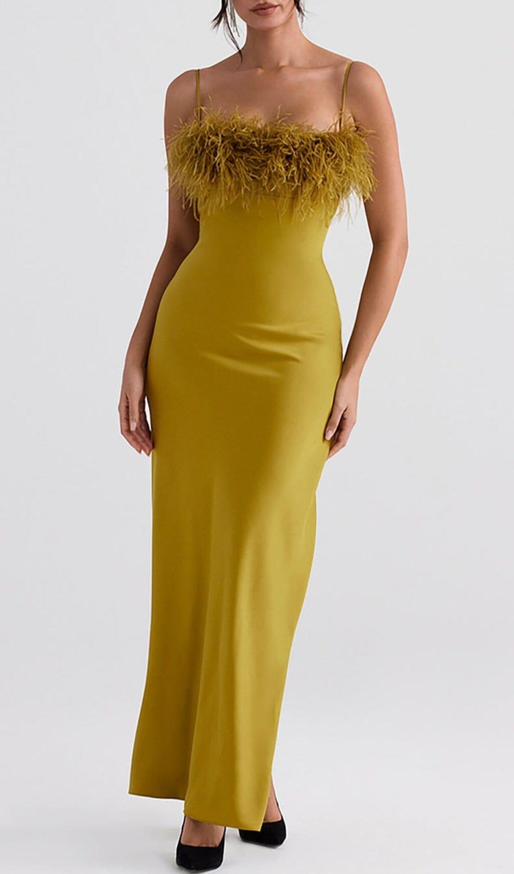 CHARTREUSE MAXIKLEID MIT RIEMEN UND FEDERN
