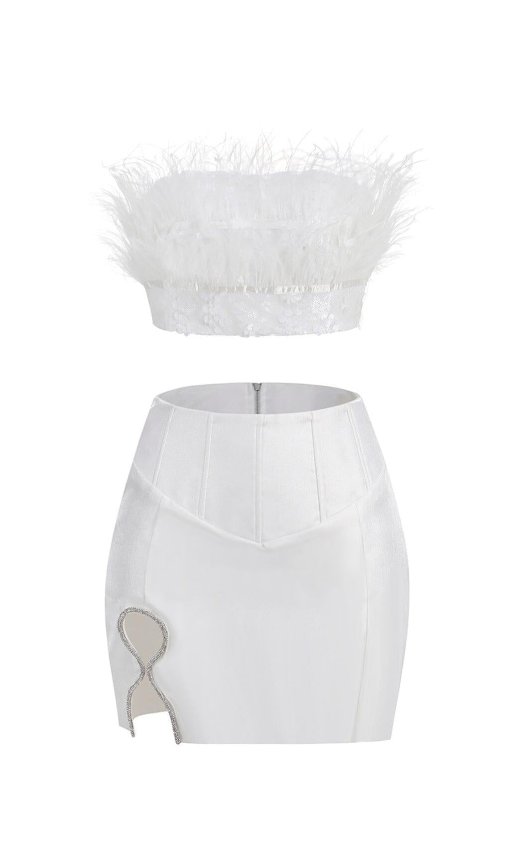 MINI ABITO BIANCO CON TAGLIO A PIUME
