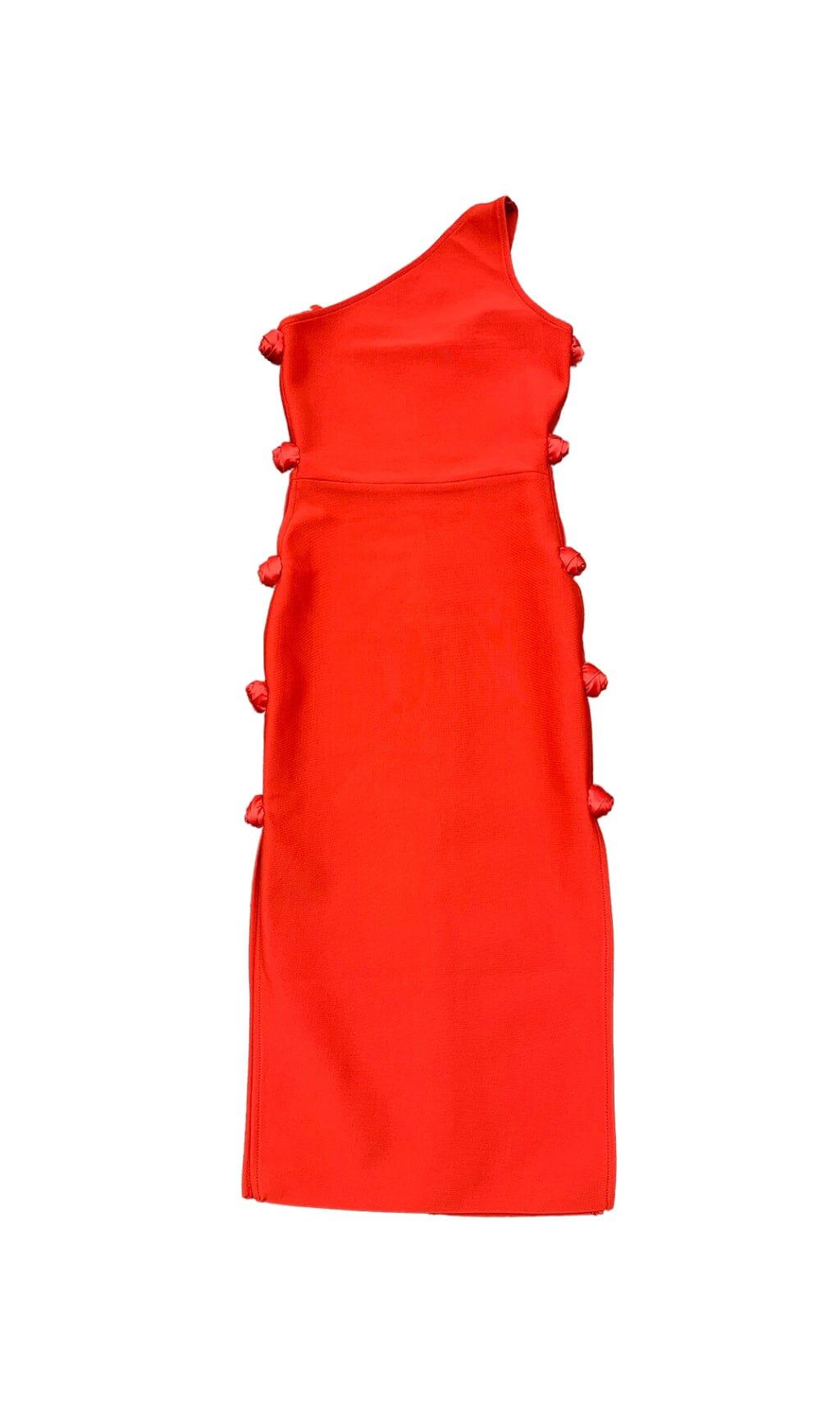 ABITO ROSSO CON NODO A FIORI E SPALLE CAVA