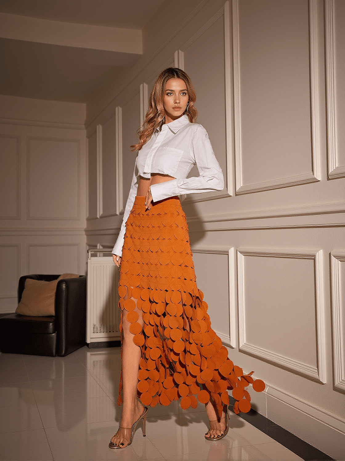 NYX CIRCLE CUTOUT FRINGE SKIRT IN ORANGE