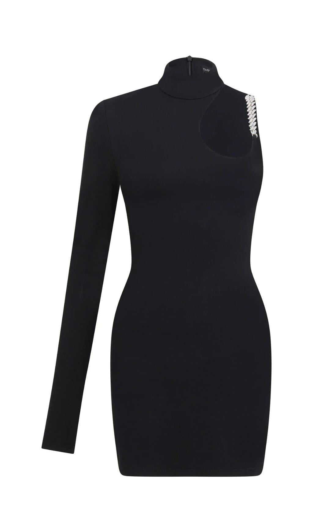 MINIKLEIDER MIT EINER SCHULTER UND KRISTALLKETTE IN SCHWARZ