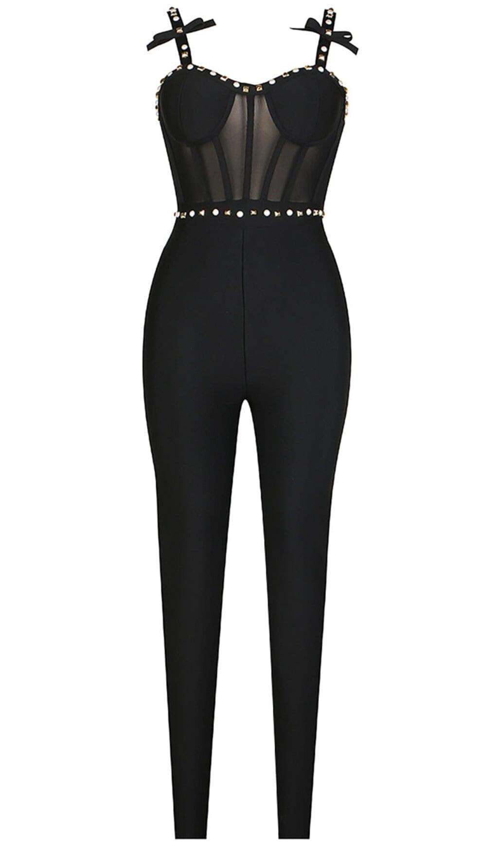 Jumpsuit aus Netzstoff mit Trägern und Perlen