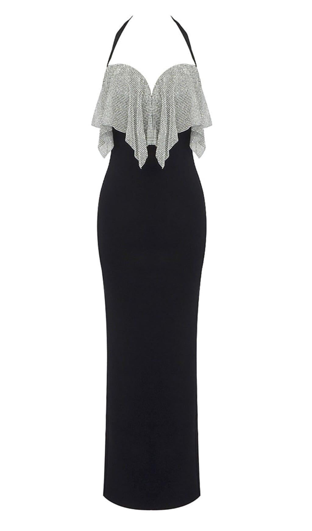 Schwarzes Neckholder-Bandage-Korsettkleid mit Kristallkettenhemd