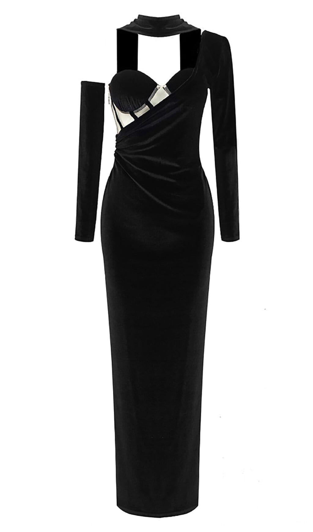 ABITO LUNGO IN VELLUTO CON MONOSPALLA E SENZA SPALLINE IN RETE