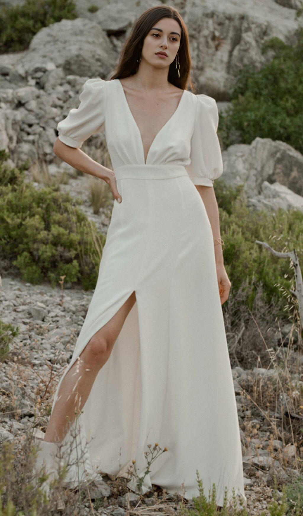 ABITO LUNGO BIANCO CON SPACCO PROFONDO A V