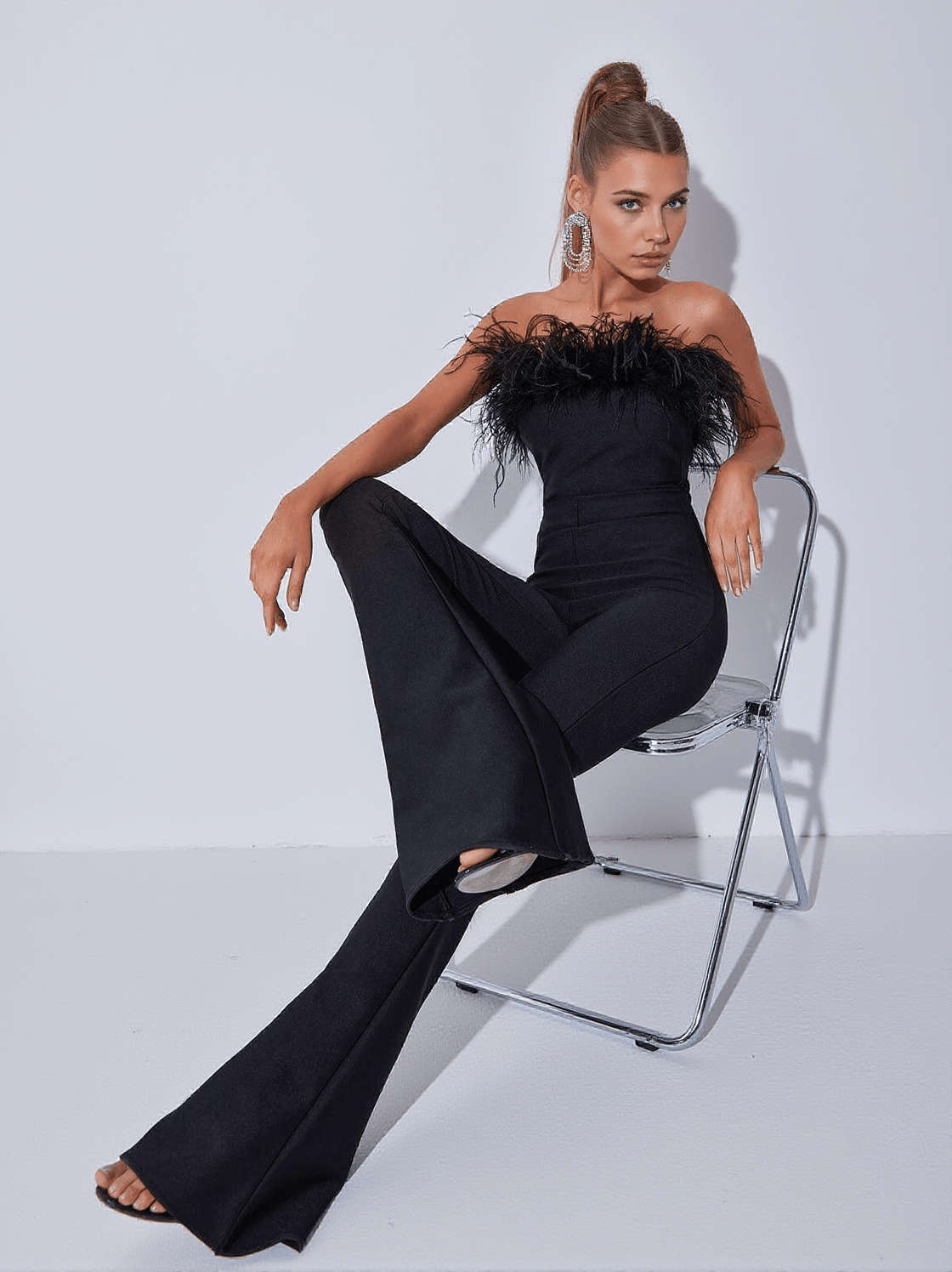 PADMA BANDEAU FEATHER BANDAGE JUMPSUIT IN BLACK
